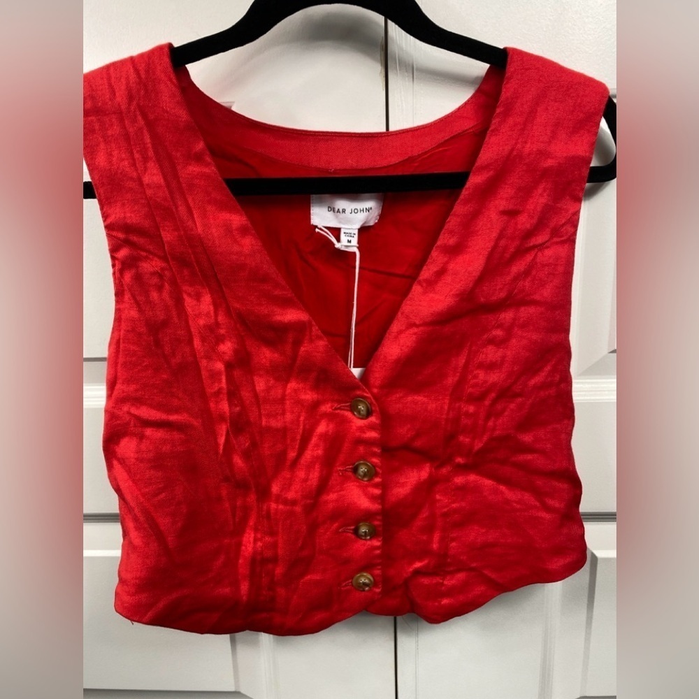Dear John Denim Vest Waist Coat Top Fire Red Linen Blend Norris Medium
